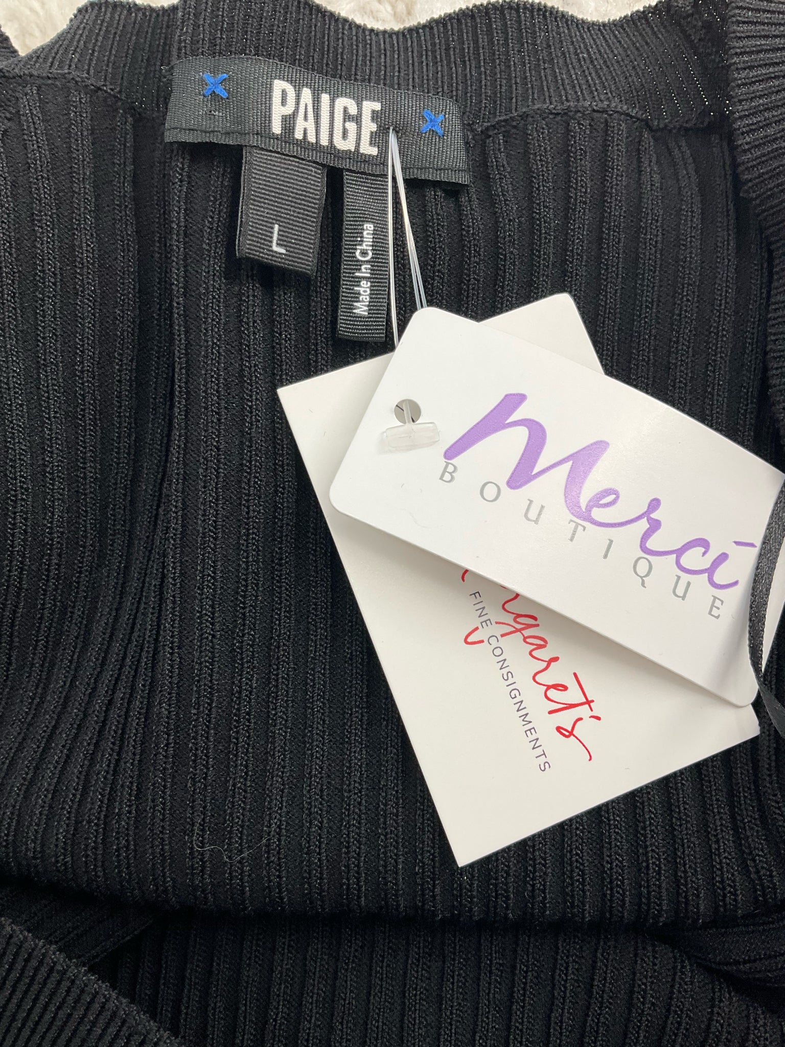 Paige black ribbed pullover top with square neck and balloon sleeves, size large, new with tags.