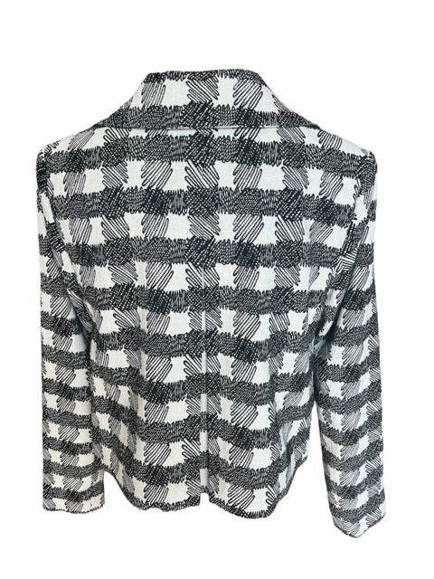 Back view of Doncaster White/Black Print Blazer - Size 8, showcasing bold patterned design and tailored silhouette in eco-friendly consignment fashion.