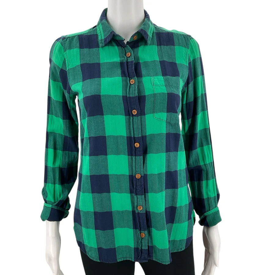 J Crew Green/Navy Checkered Pre-Owned Ladies Top - Size 2