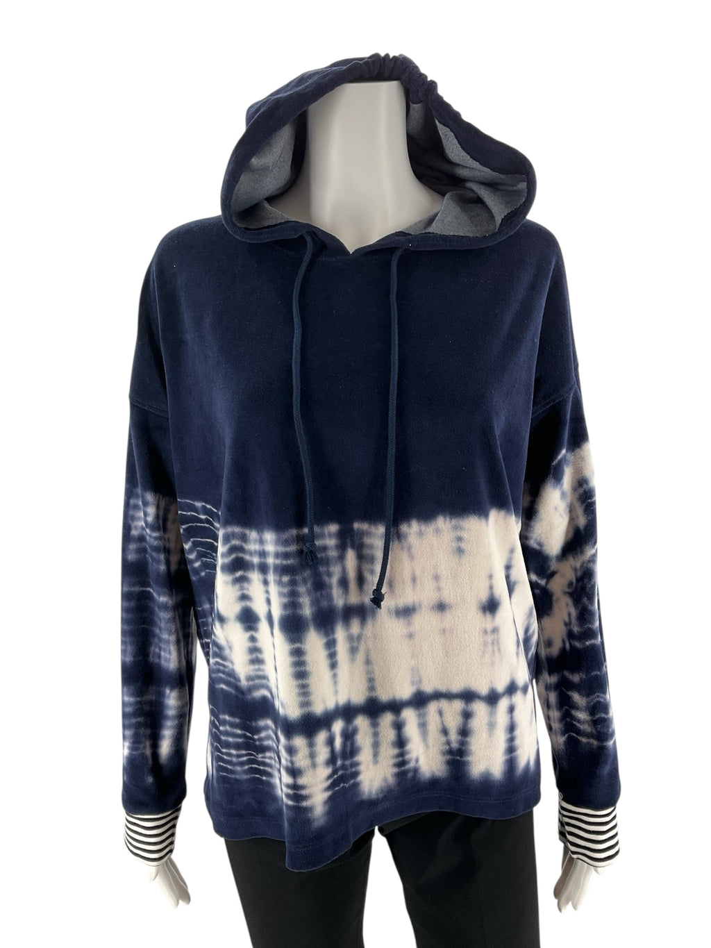 Navy and white tie-dye Splendid hoodie, casual pullover for ladies, size small, perfect for loungewear or coastal outings.