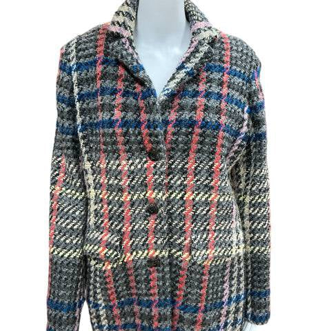 Etcetera Red, Blue, Gray & Cream Tweed Jacket – Size 8 with bold plaid pattern and structured fit, available at Margaret’s Consignment.