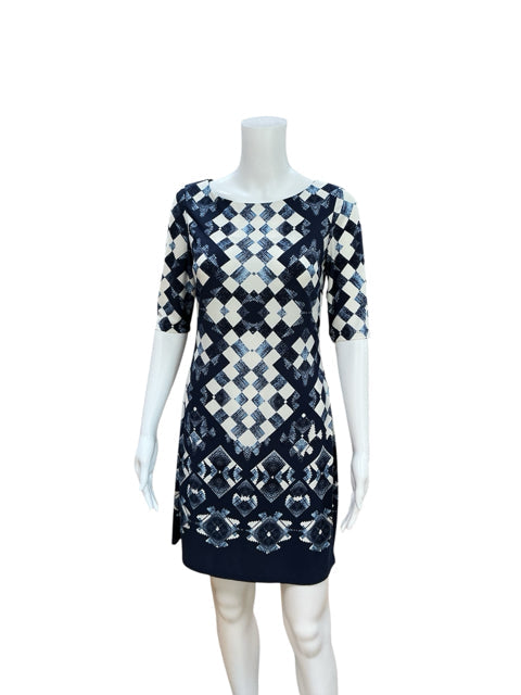 Front view of Eliza J navy and ivory geometric print sheath dress, size 2. Features 3/4 sleeves and stretch knit fabric for comfort.