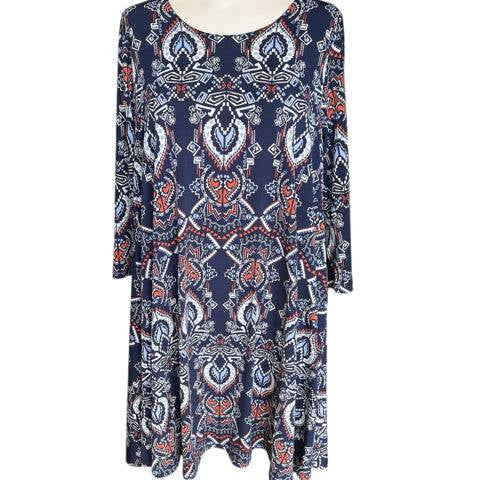 Front view of Karen Kane Dress Size Medium in navy, cream, and orange geometric print, pre-owned and stylish for casual wear.
