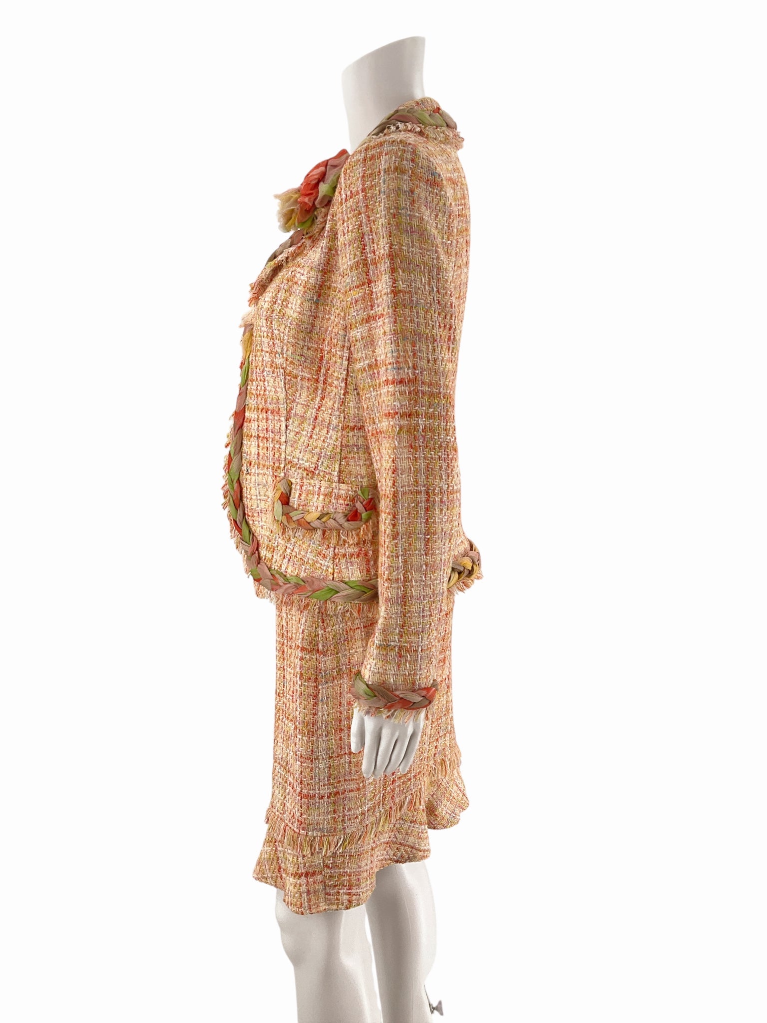 Teri Jon Orange/Green Tweed Pre-Owned Ladies 2 Piece Skirt Suit - Size 2