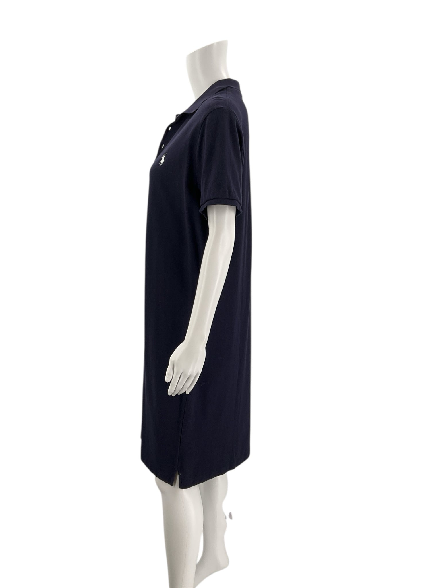 Side profile of Ralph Lauren Sport Navy Pre-Owned Dress - Size XL on mannequin, showing short sleeves and side slit detail.