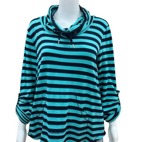 Front view of Ruby Rd teal and navy striped long sleeve top in petite medium, featuring a cowl neck and front pocket.