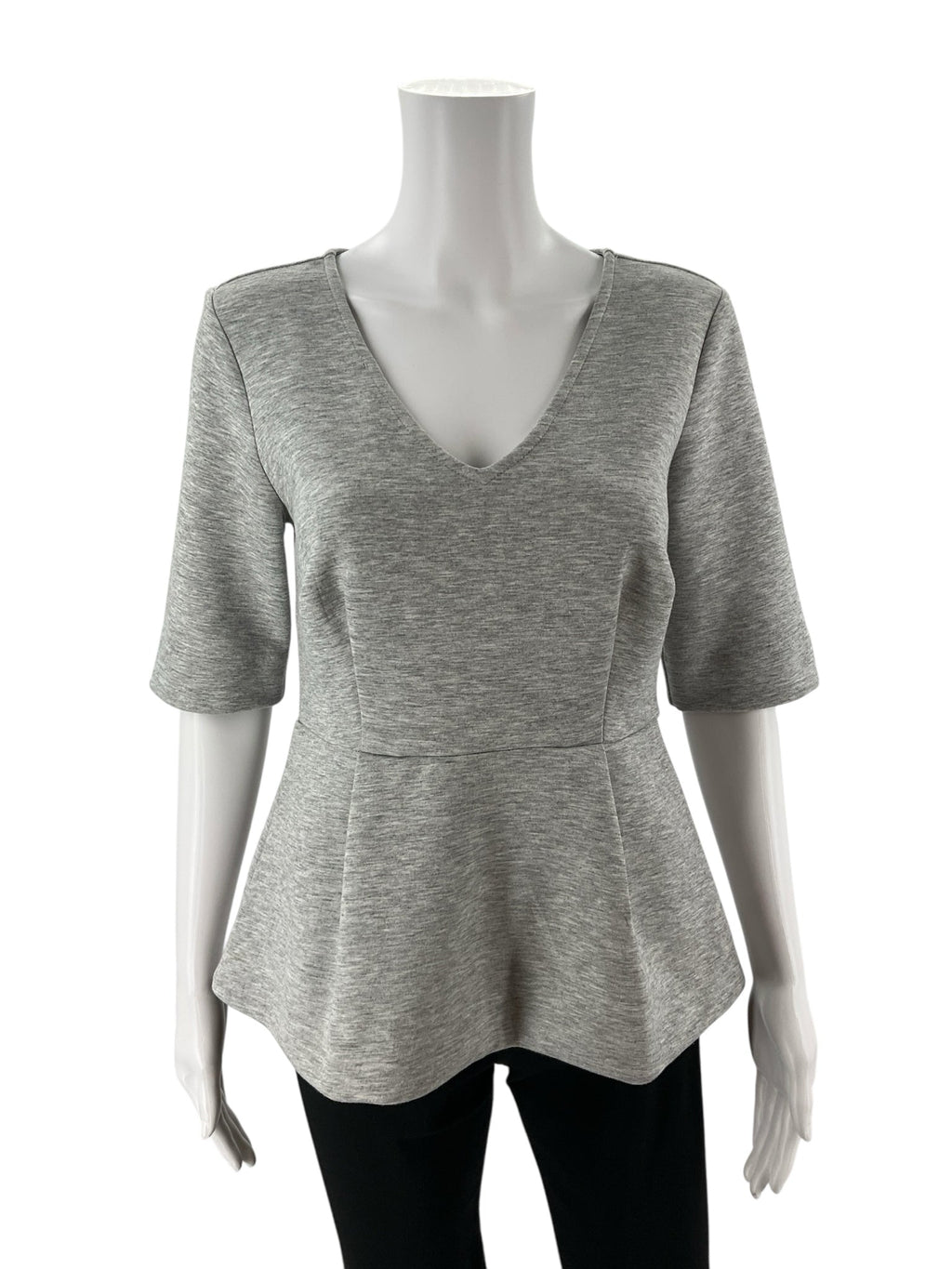 Gray heathered Ann Taylor peplum top in size small, featuring a V-neck design, perfect for business casual attire.