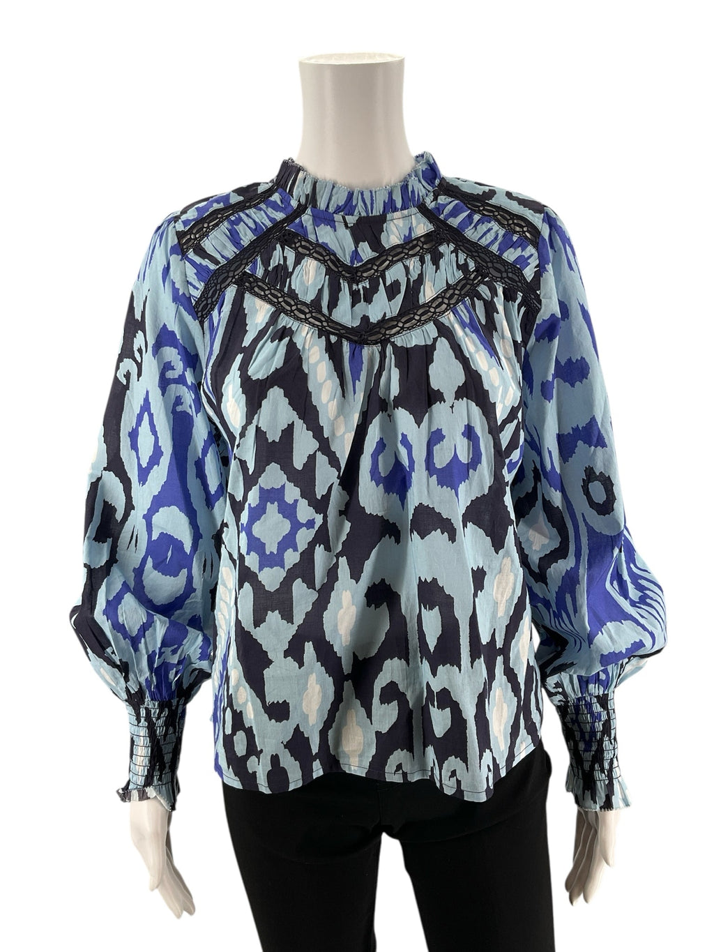 Bohemian Love The Label blue print ladies top with statement sleeves in size small, featuring a romantic peasant style.