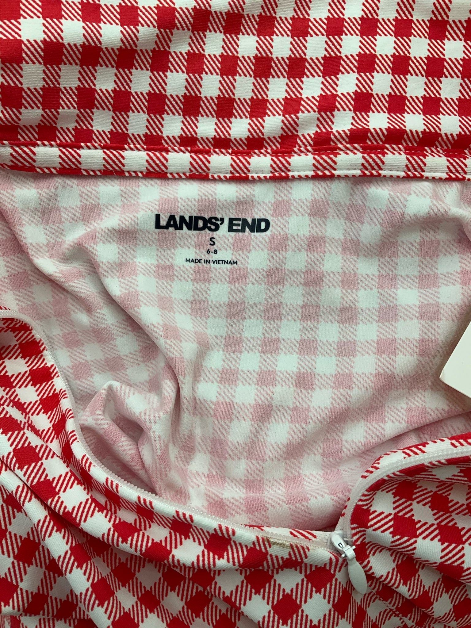 Lands' End white and red checkered half-zip tunic top for ladies, featuring a mock neck in size small.
