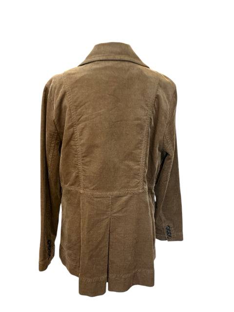 Back view of Cabi Camel Corduroy Jacket Size XL showing tailored seams and vented hem, sold at Margaret’s Fine Consignments.
