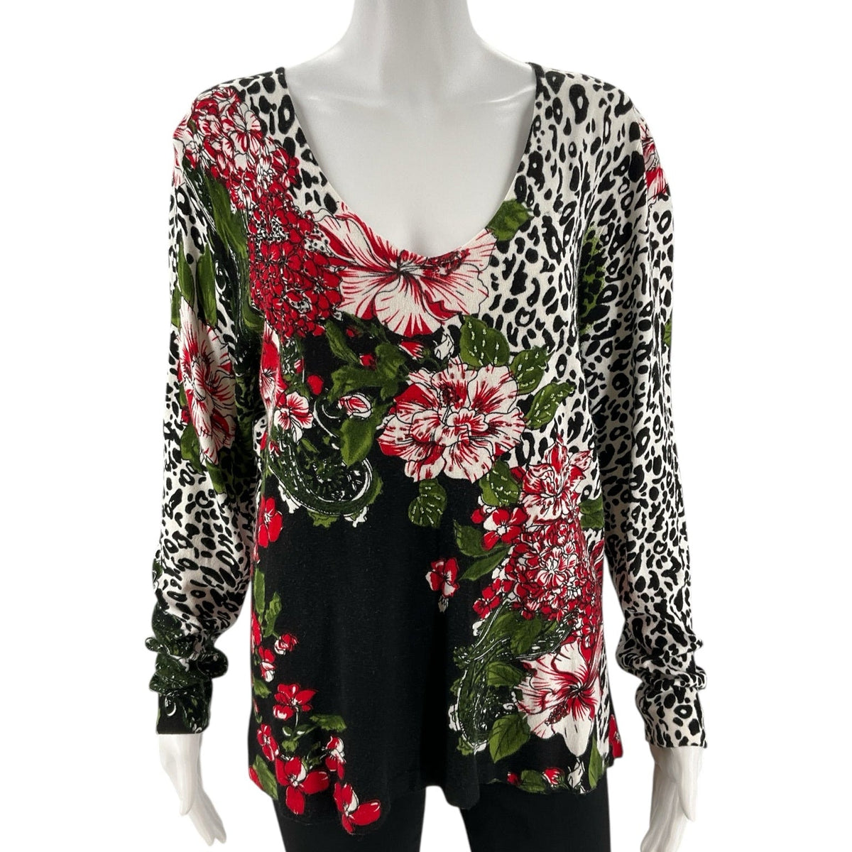 Joni B White/Black/Red Floral Pre-Owned Ladies Top -  Size Large