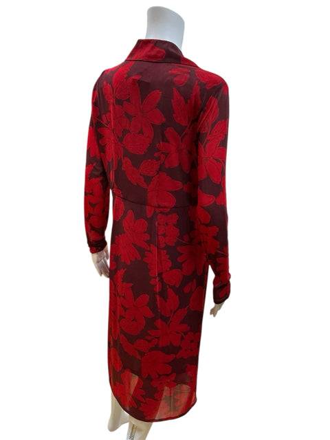 Back view of Cabi Red Floral Dress Size Small showing fitted waist and sheer red floral design, ideal for consignment shoppers.