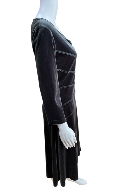 Side view of Connected Apparel gray velour dress, showing long sleeves and flattering seam lines, size 8 winter cocktail style.