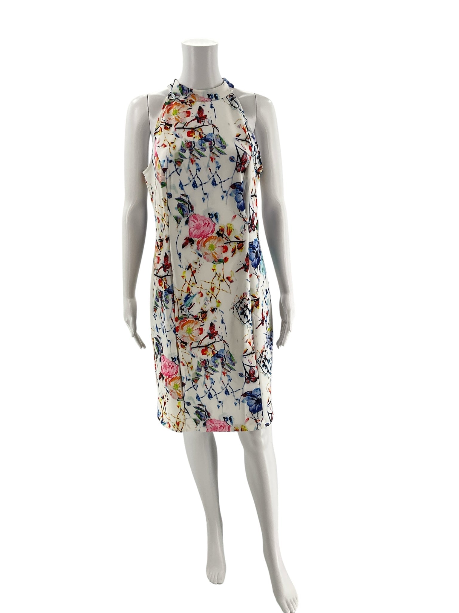 Pre-owned Venus halter sheath dress on mannequin, size Large, with watercolor floral and butterfly print and knee-length fit.