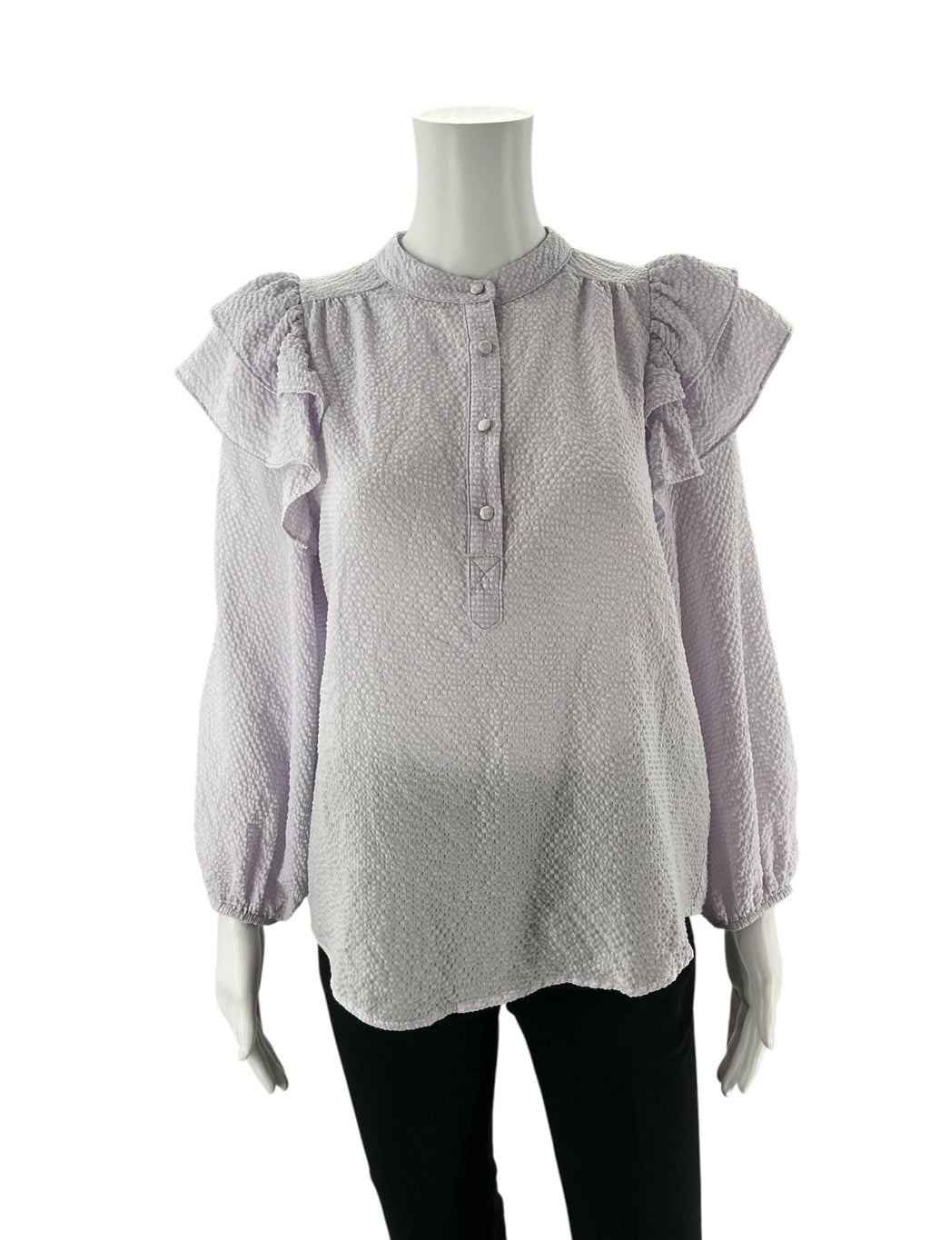 Pre-owned FRNCH ladies top in French lavender, featuring a textured fabric, size small, embodying Parisian boho style.