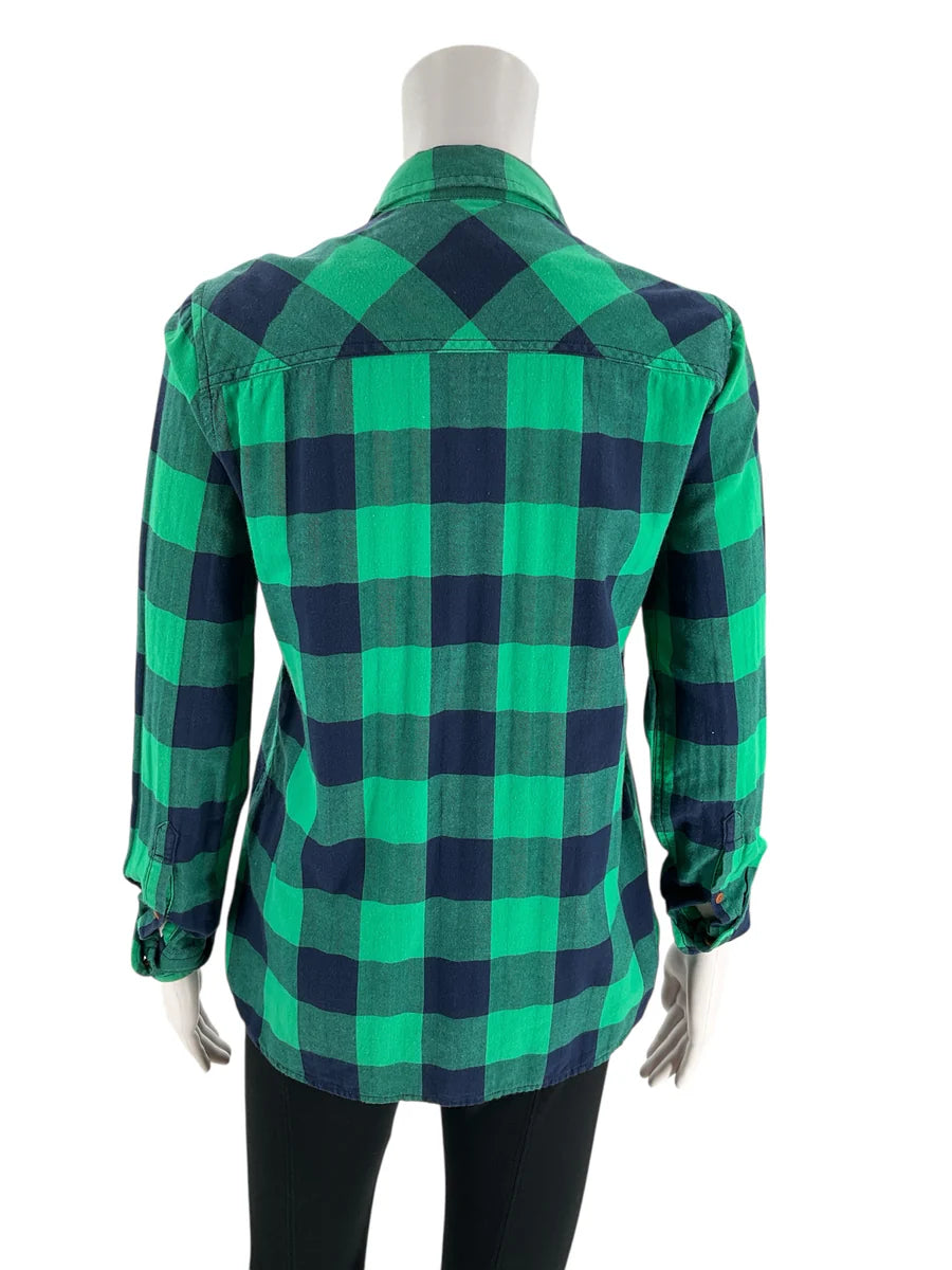 J Crew Green/Navy Checkered Pre-Owned Ladies Top - Size 2