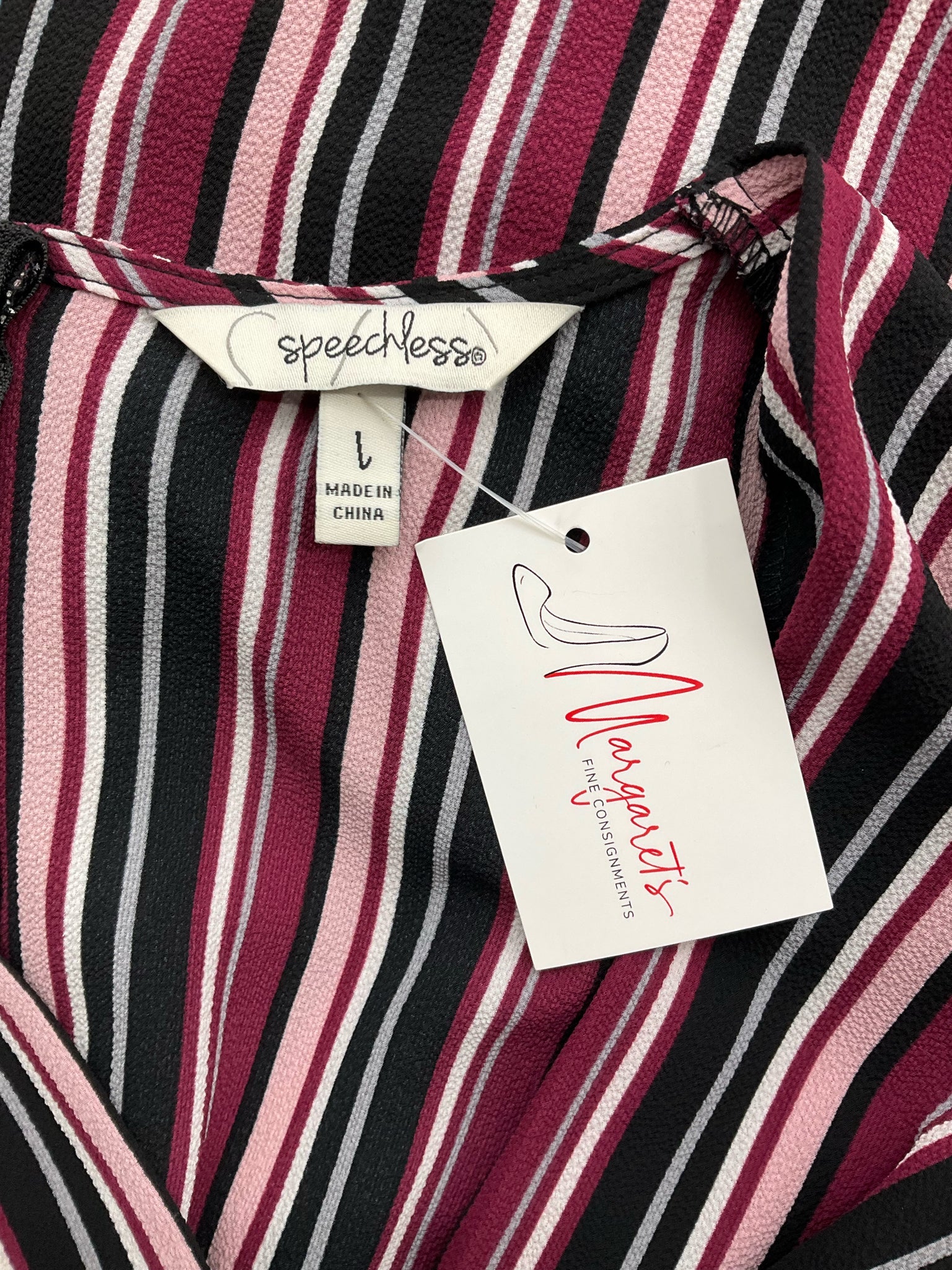 Speechless Purple/Black Stripe Pre-Owned Ladies Jumpsuit - Size Large