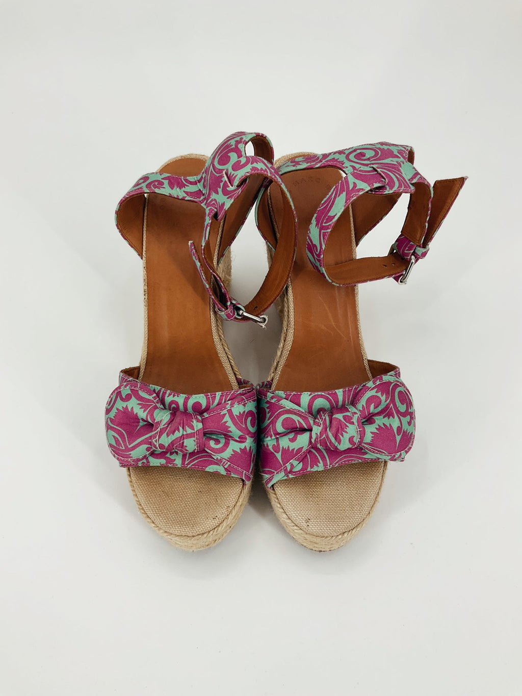 Marc by Marc Jacobs aqua and purple floral espadrille sandals, size 10, featuring a peep toe and ankle strap design.