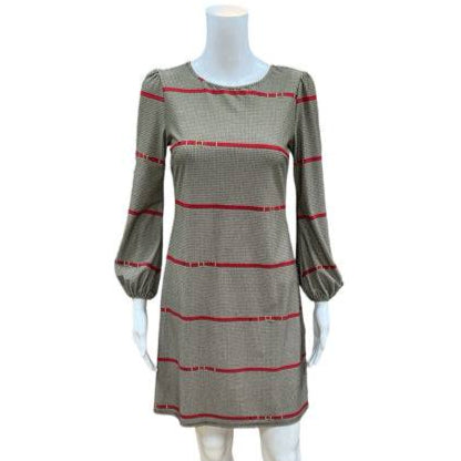 Front view of Jude Connally Dress Size XS on mannequin with black, taupe, and red print. Available at Margaret’s Fine Consignments.