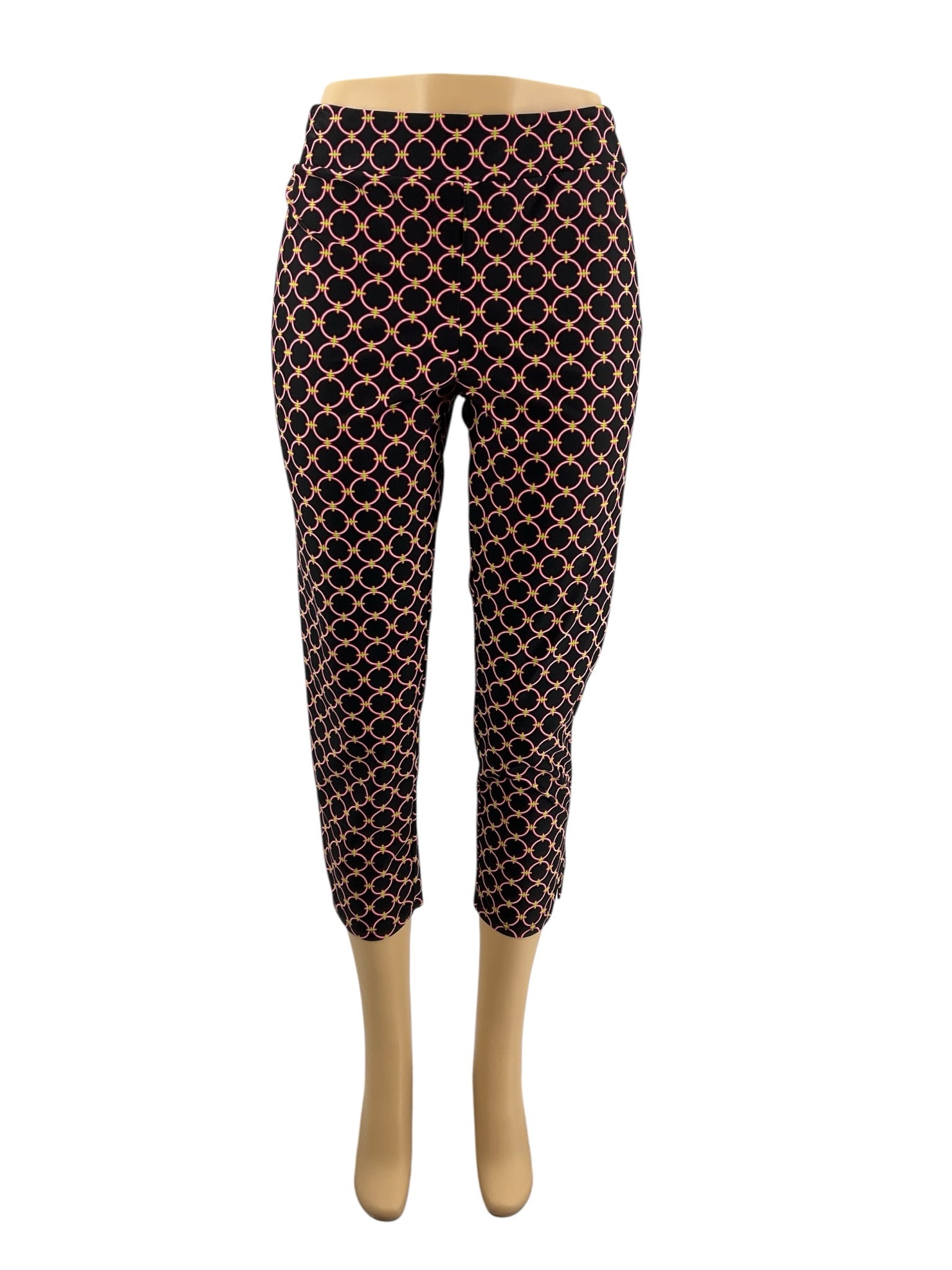 Jude Connally pre-owned ladies' cropped pants in black, pink, and green print, size medium, slim leg, pull-on style.