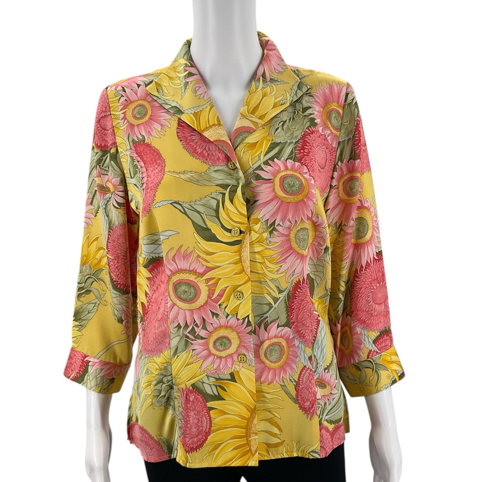 Doncaster Silk Floral Top in yellow and pink with sunflower print, size small, long sleeve blouse for women’s consignment wardrobe.