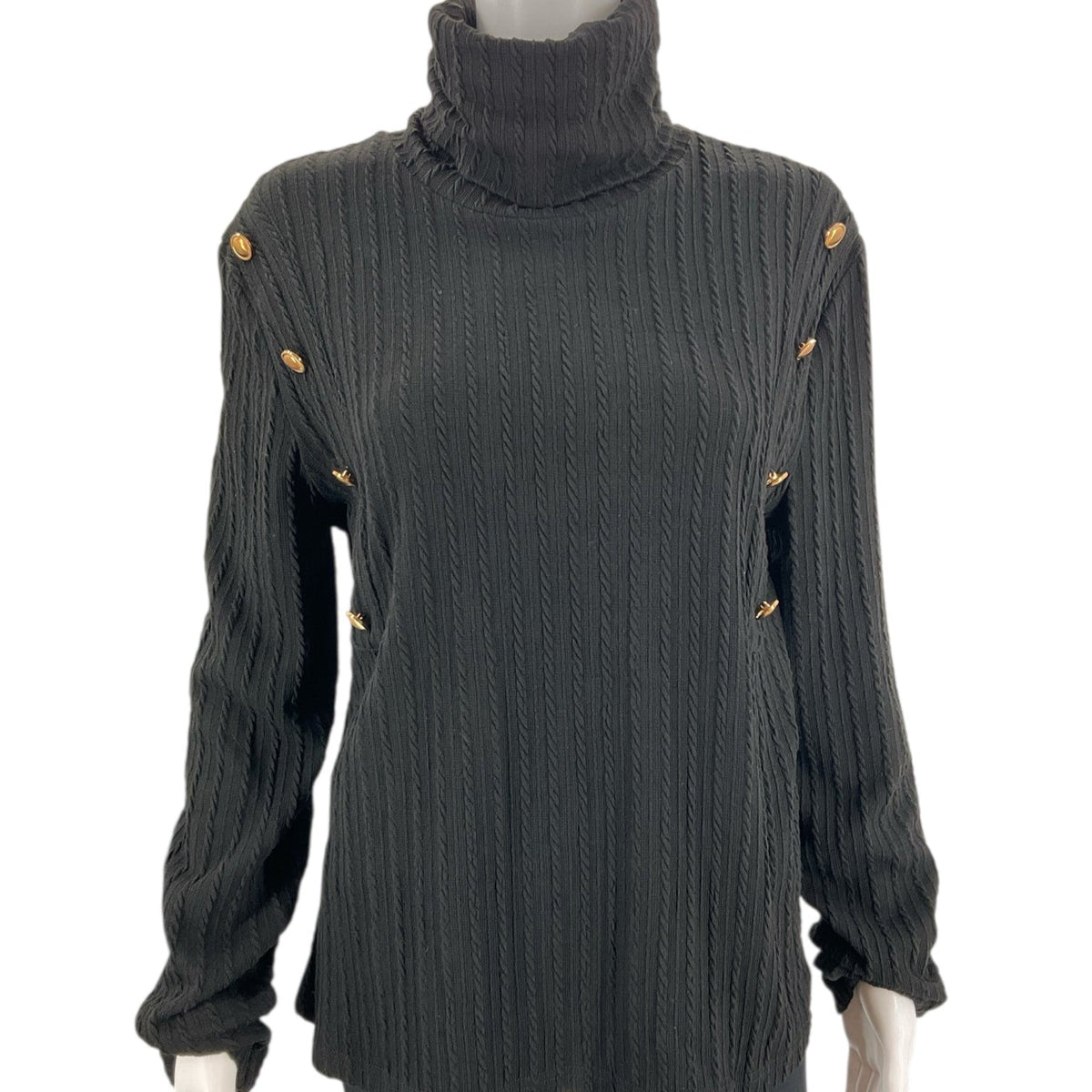 Noracora black sweater size XL with gold button accents on shoulders, ribbed knit texture, and turtleneck style, new with tags.