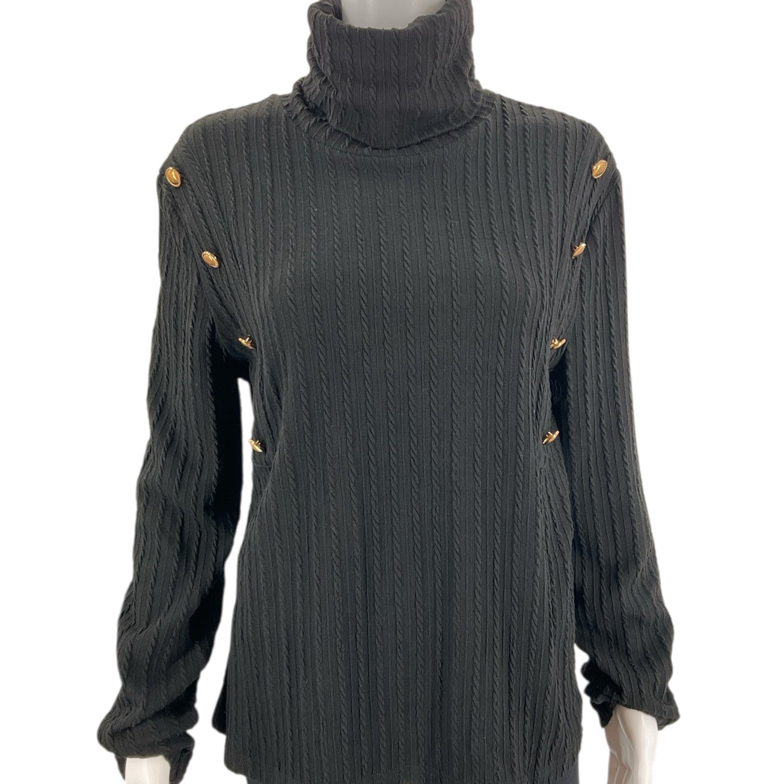 Noracora black sweater size XL with gold button accents on shoulders, ribbed knit texture, and turtleneck style, new with tags.