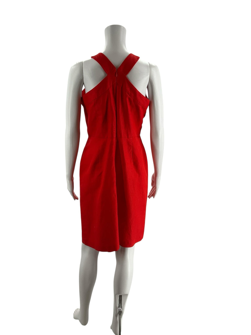 Red Ann Taylor sleeveless halter dress in size 8, featuring a sheath pencil silhouette, perfect for cocktail or wedding guest attire.