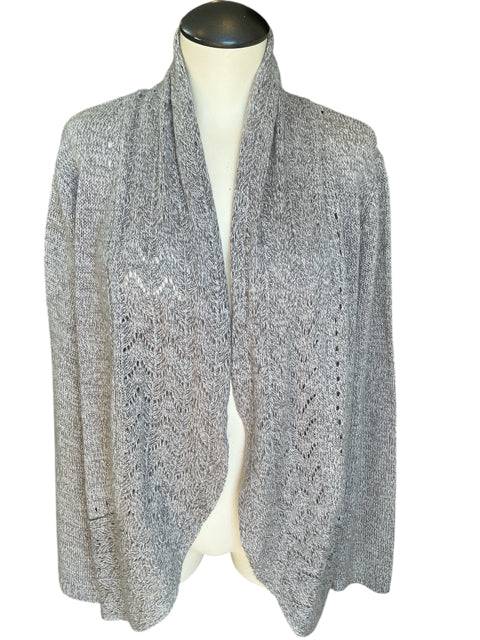 Karen Scott Shrug Size Large in taupe heathered knit with open front design, available at Margaret’s Fine Consignments. Ideal for layering.
