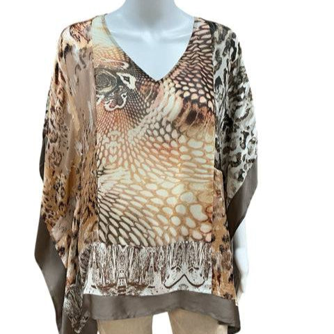Chico Travelers Tan/Brown Print Pre-Owned Ladies Top - Size S/M - Margaret’s Fine Consignment