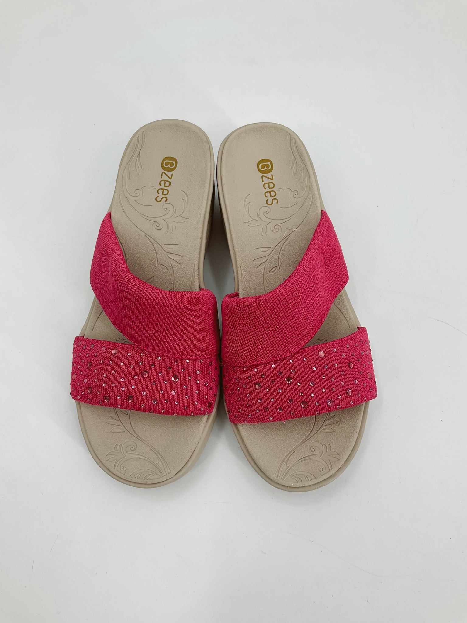 Bzees pink rhinestone wedge sandals, size 6.5, featuring slip-on design and comfort stretch material.