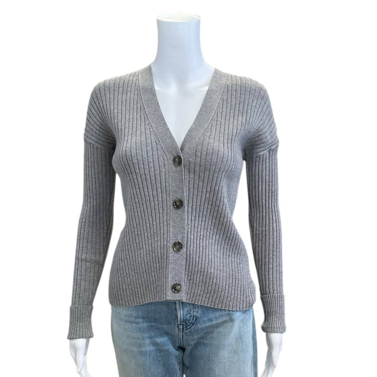 Pre-owned Banana Republic gray ribbed sweater top size XS, buttoned front, displayed on mannequin with jeans at Margaret’s Fine Consignments.