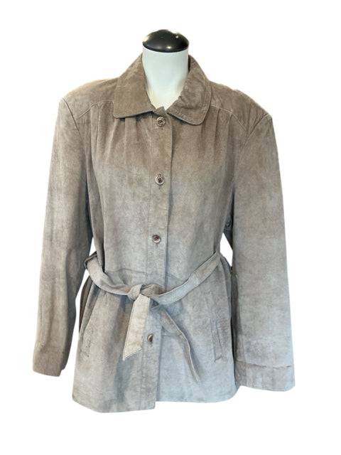 Orvis Leather Jacket Size Large in taupe with button front and waist tie, available at Margaret’s Fine Consignments. Classic outerwear for fall.
