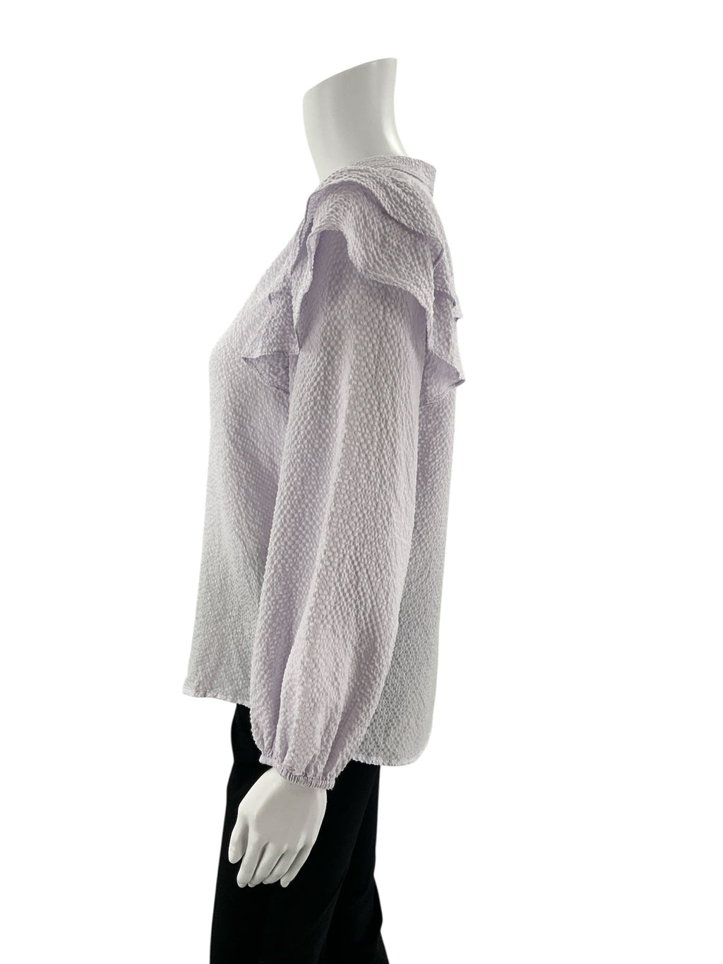 Textured French lavender ladies top by FRNCH in size small, featuring a romantic, boho-inspired design.