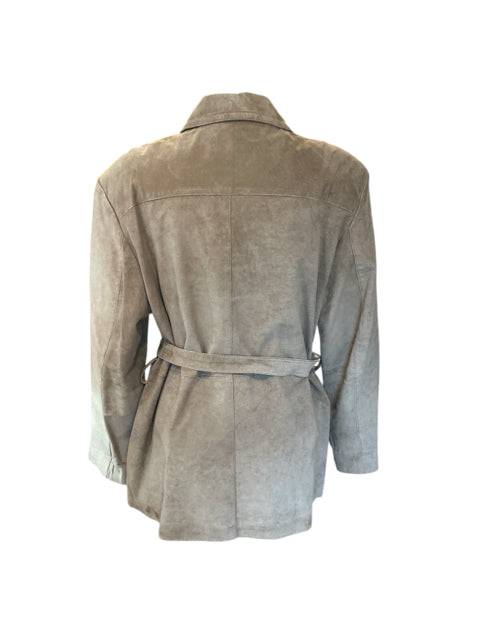 Back view of Orvis Taupe Leather Jacket Size Large featuring a belted waist and structured collar, sold by Margaret’s Fine Consignments.