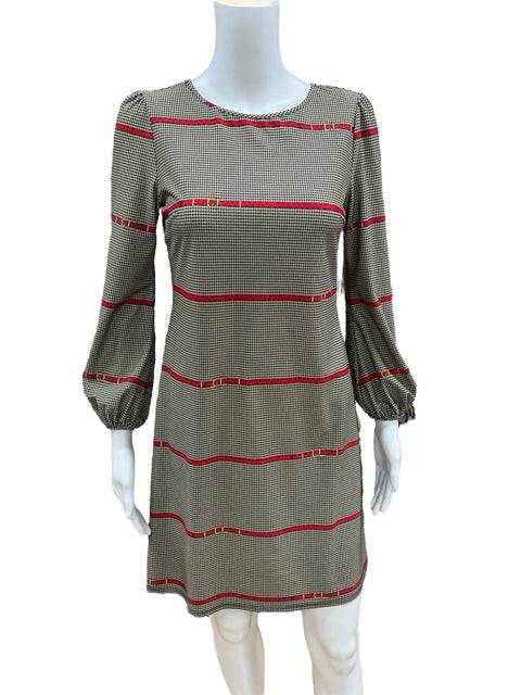 Close-up of Jude Connally Dress Size XS featuring puff sleeves and red stripe detail. Find timeless style at Margaret’s Fine Consignments.