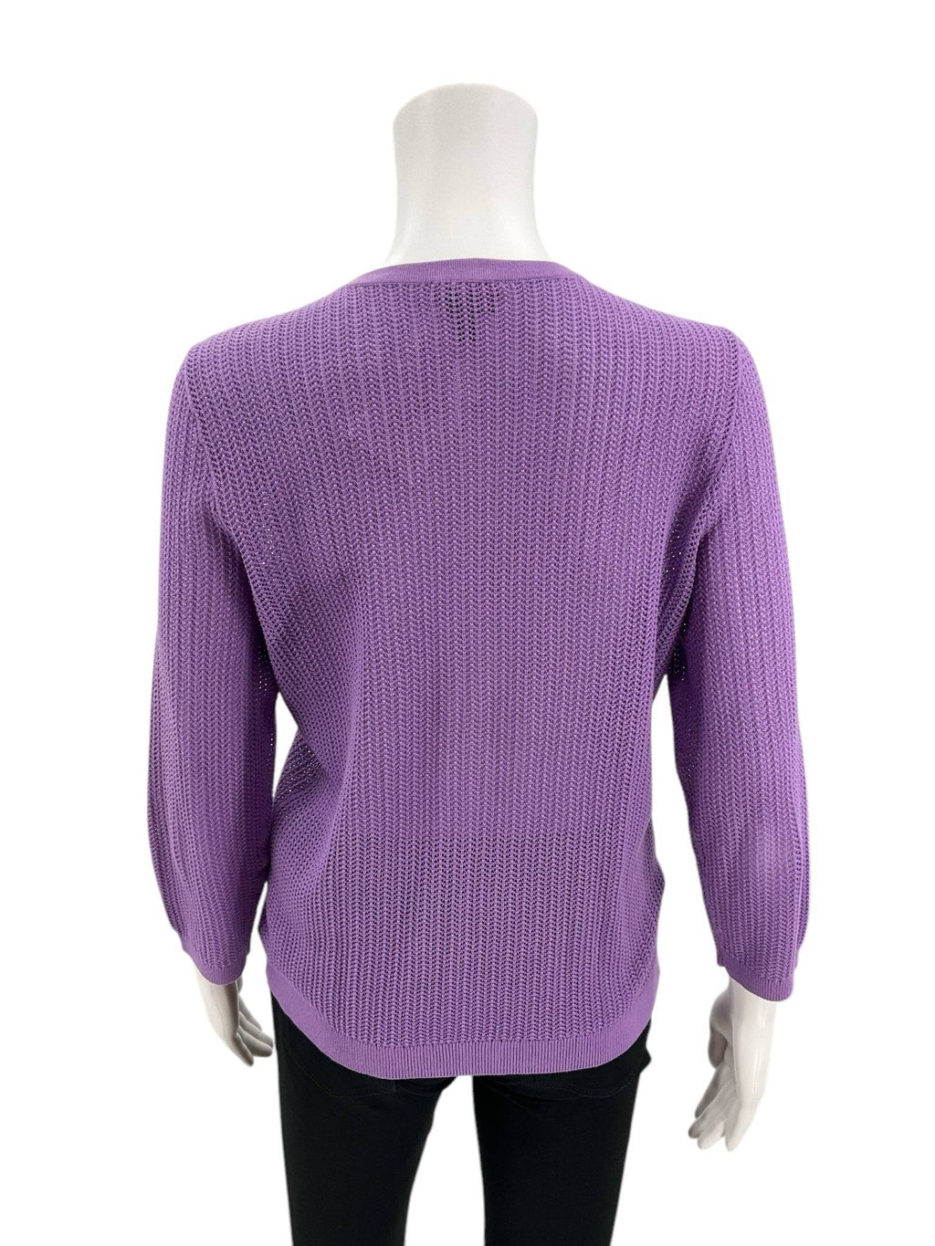 Back view of Talbots lavender mesh long sleeve top in Size Medium Petite, showcasing breathable knit design and relaxed fit.