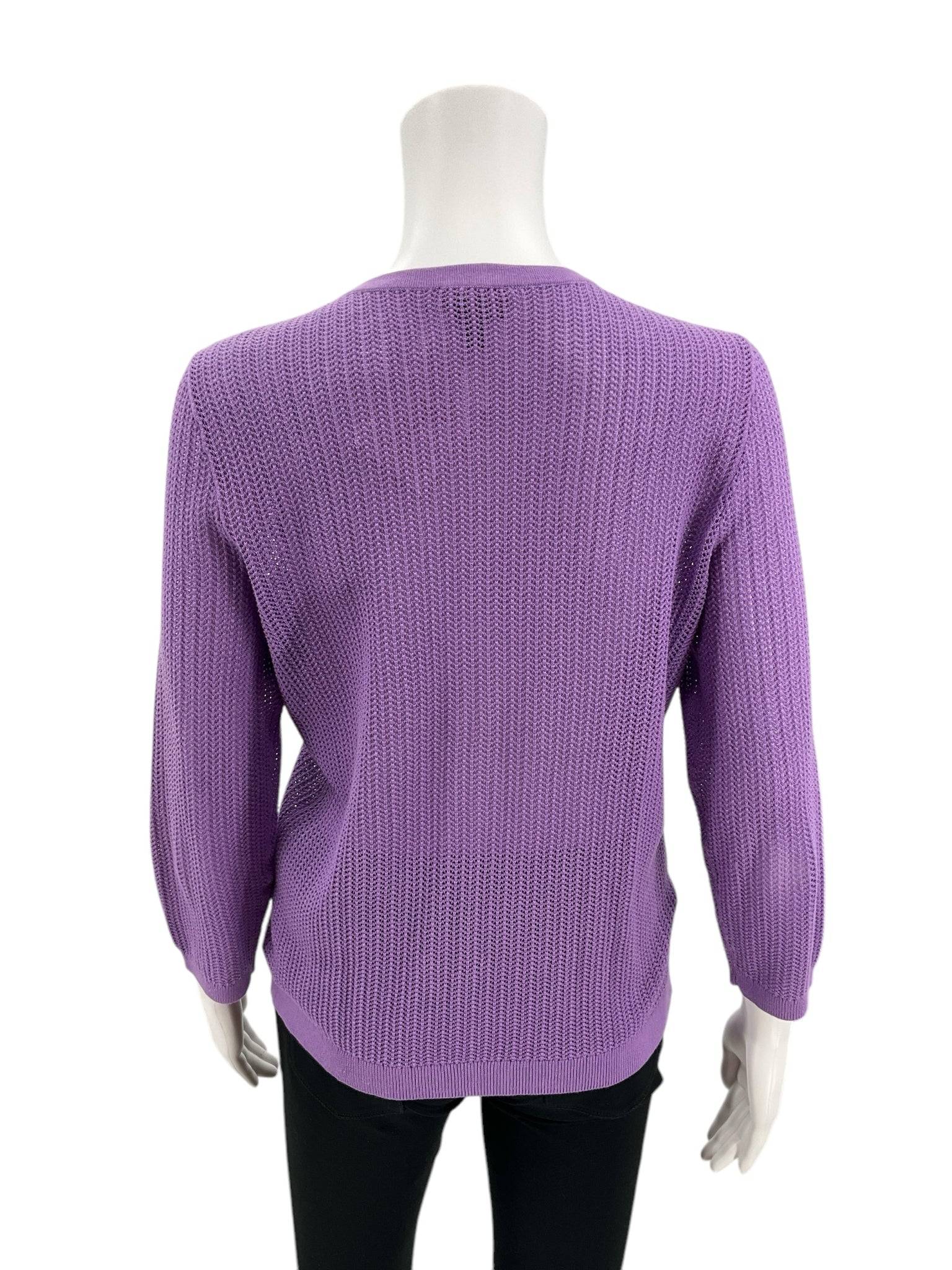 Back view of Talbots lavender mesh long sleeve top in Size Medium Petite, showcasing breathable knit design and relaxed fit.
