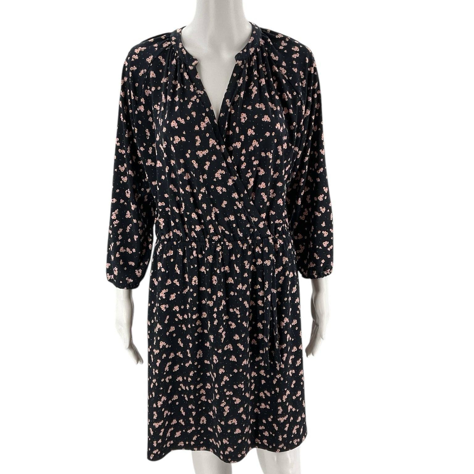 Front view of Collective Concepts navy and pink floral dress in Size Petite XL, featuring a gathered waist and V-neckline, sold by Margaret's Fine Consignments.