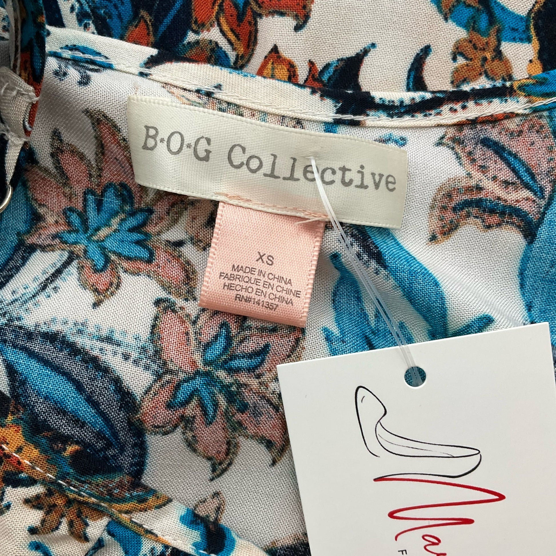 BOG Collective Tan/turquoise Floral Pre-Owned Ladies Dress - Size XS - Margaret’s Fine Consignment