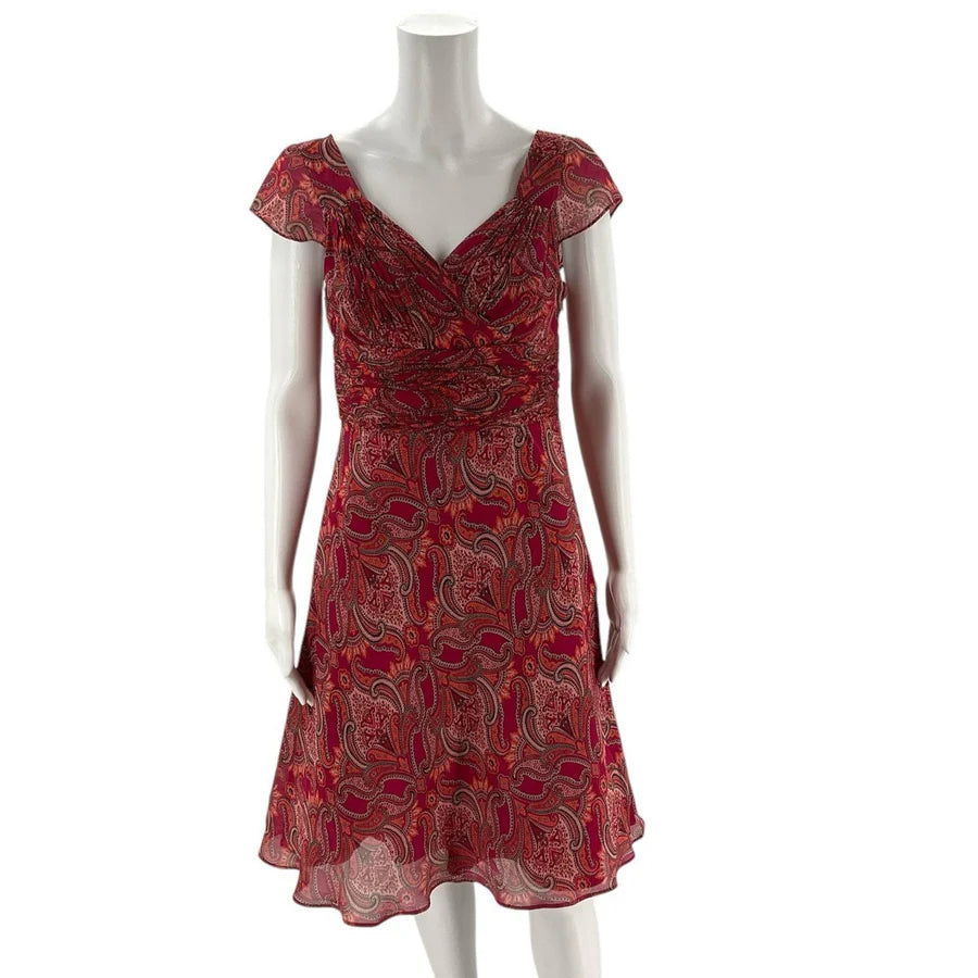 Ann Taylor Red/Orange/Pink Paisley Pre-Owned Ladies Dress - Size Petite 6