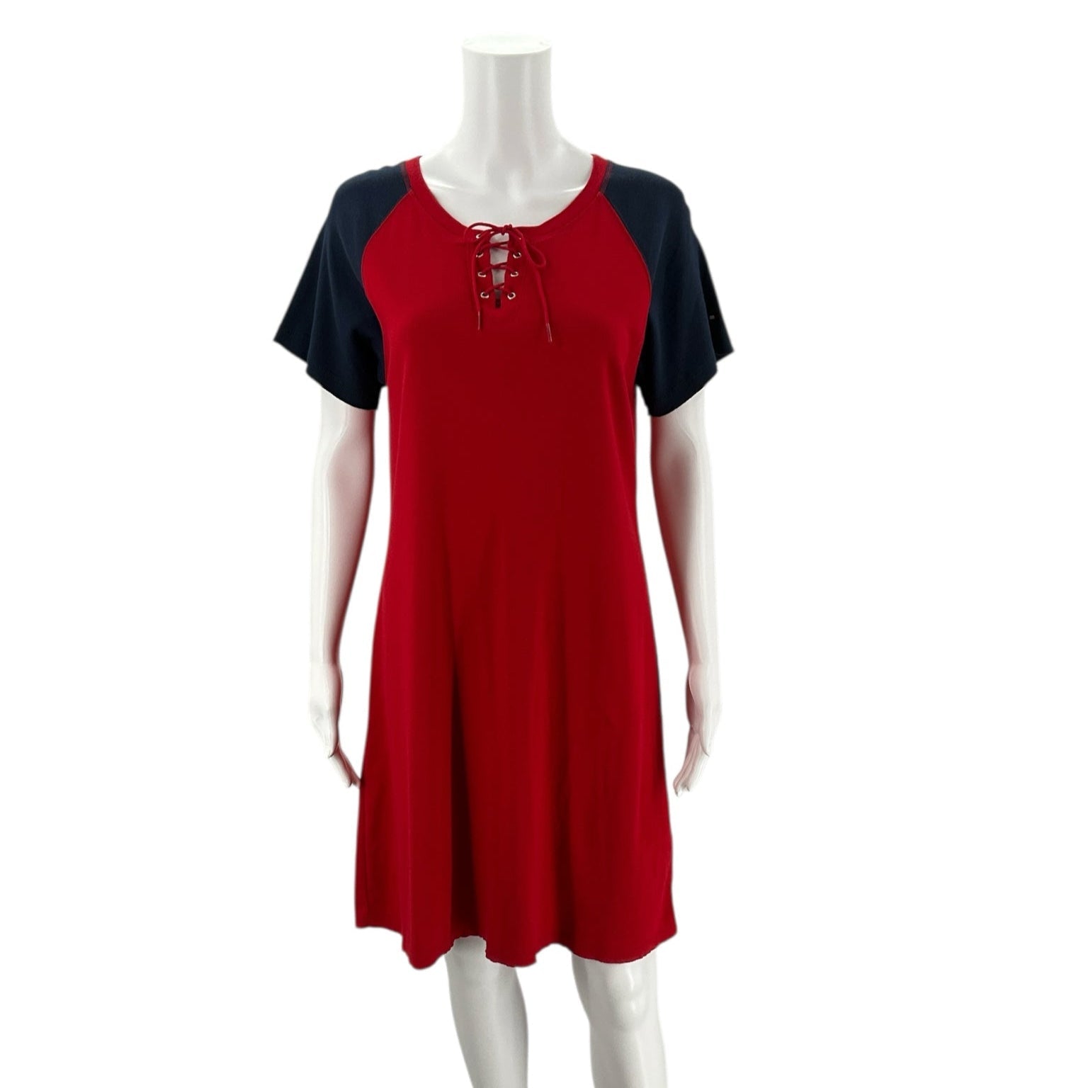 Front view of Tommy Hilfiger Red/Navy Pre-Owned Dress - Size XL on mannequin, showcasing casual A-line silhouette and lace-up detail.