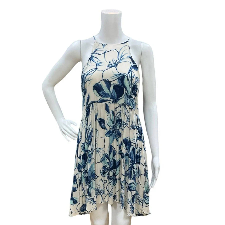 Lush Cream/Blue Floral Ladies Pre-Owned Dress - Size Medium