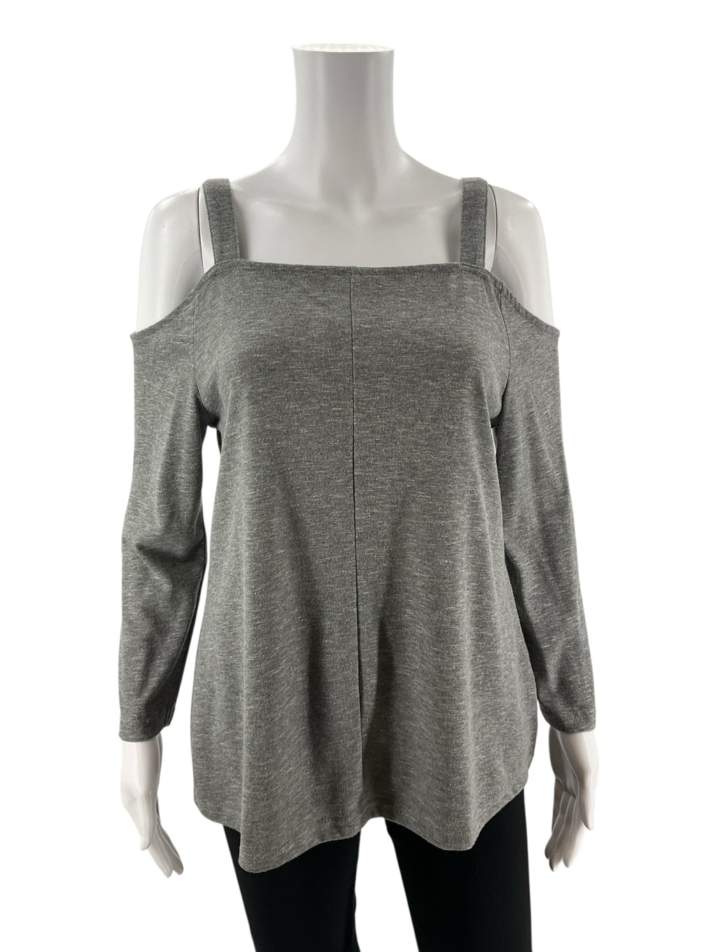 Gray heathered Venus pre-owned ladies' cold shoulder tunic top, size medium, featuring long sleeves and a swing silhouette.