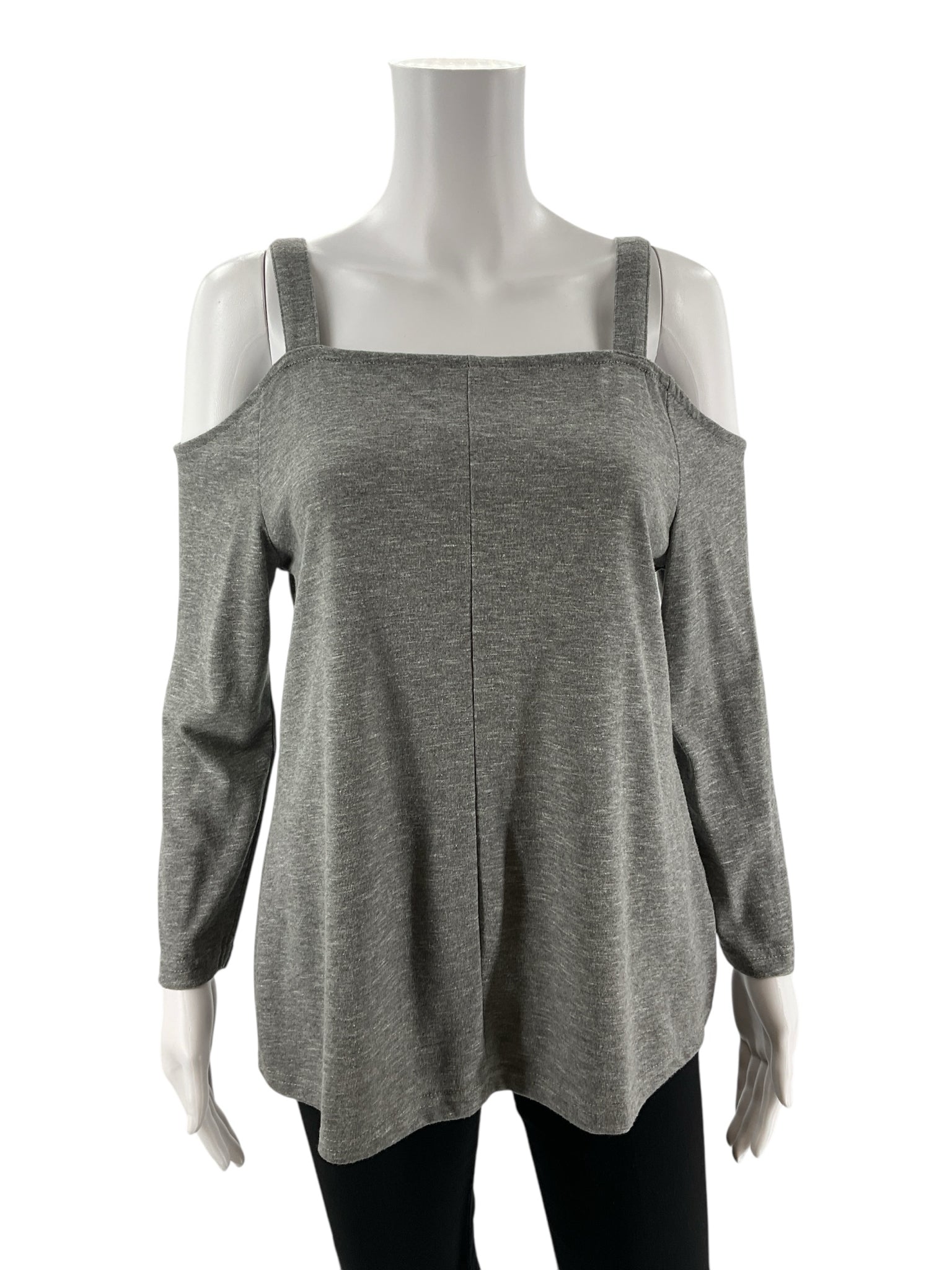 Gray heathered Venus pre-owned ladies' cold shoulder tunic top, size medium, featuring long sleeves and a swing silhouette.