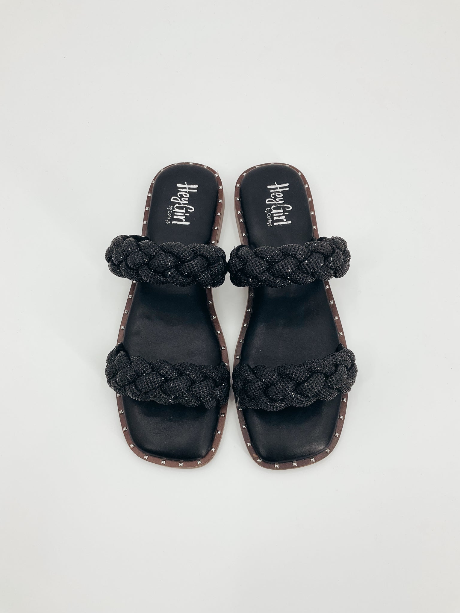 HeyGirl by Corky's black rhinestone slide sandals, open toe, flat, casual style, size 9, new with tags.