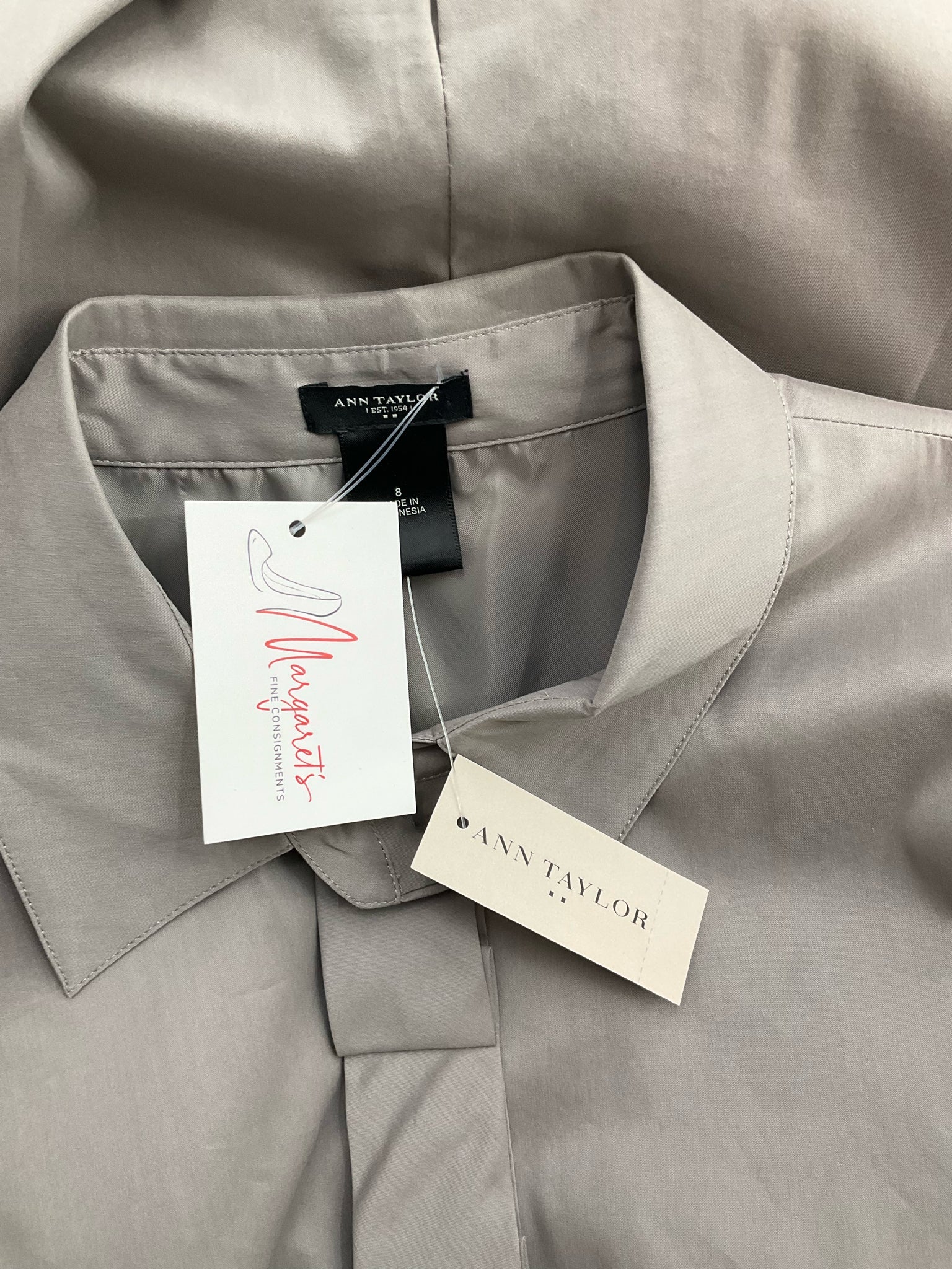 Ann Taylor gray A-line shirtdress with ruffles, size 8, featuring a classic preppy workwear style, new with tags.