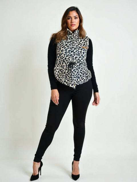 Simply Southern Vest Size Medium in tan and black animal print, styled with black leggings and heels, available at Margaret’s Fine Consignments.
