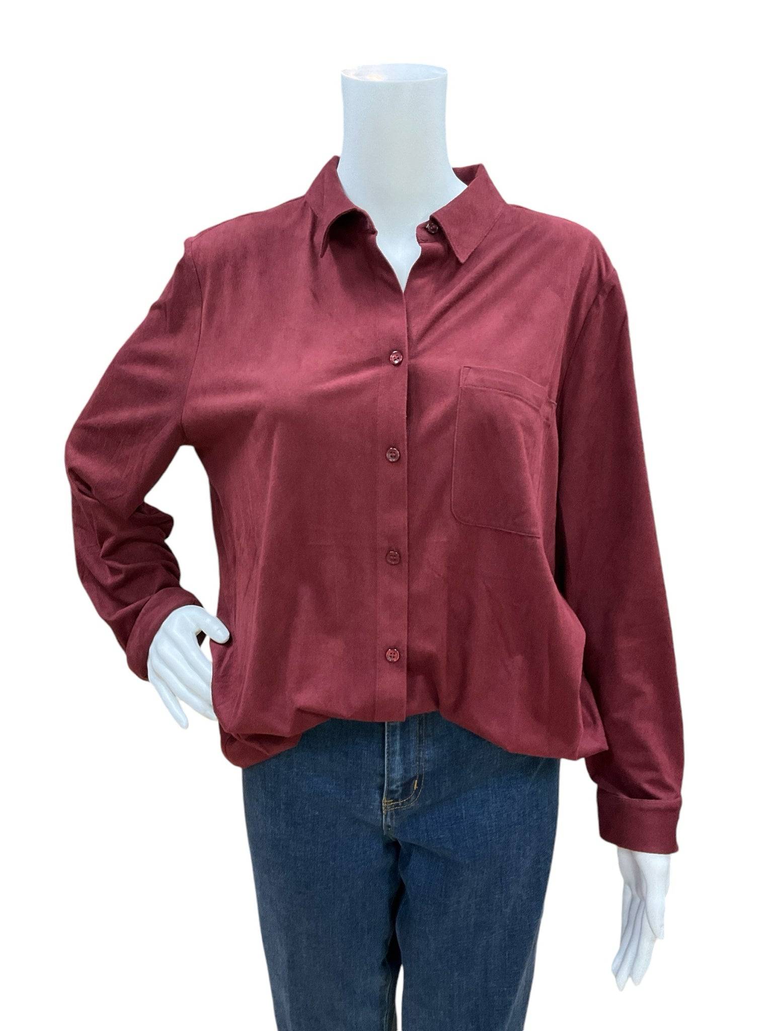 Chico Maroon Suede Ladies Pre-Owned Top – Size Large - Margaret’s Fine Consignment