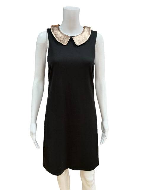 Close-up of Hutch Dress Size Small featuring a metallic collar and sleeveless black design. Available at Margaret’s Fine Consignments for classic fashion lovers.